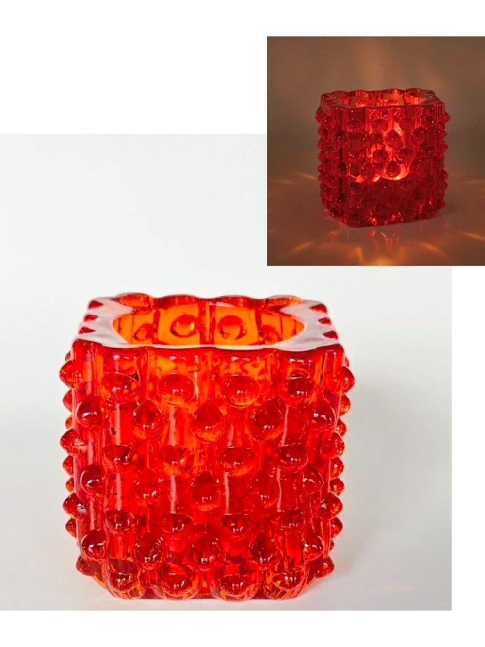 Mid-Century Fenton Glass Red, Amberina Glass Hobnail Candle Holder 2.5" Tall Cub